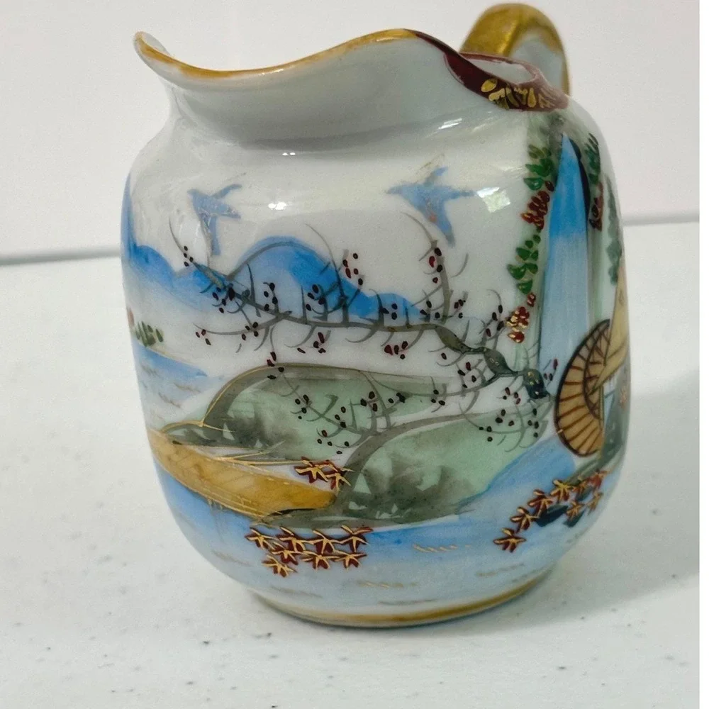 Vintage Japanese Hand Painted Porcelain Creamer and Sugar Bowl Set Waterfall